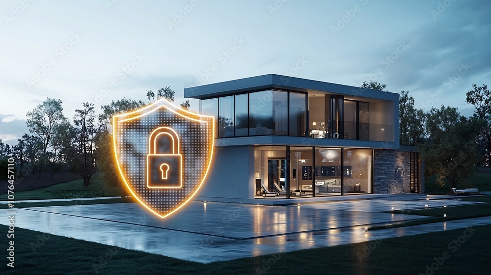 Poster superimposed glowing padlock and shield icon over modern home representing advanced digital security