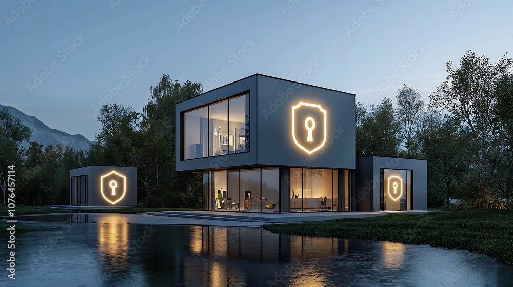Poster advanced digital security and peace of mind for modern homes superimposed glowing padlock and shield
