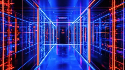 Fototapeta premium Abstract Hallway Illuminated by Red and Blue Neon Lights