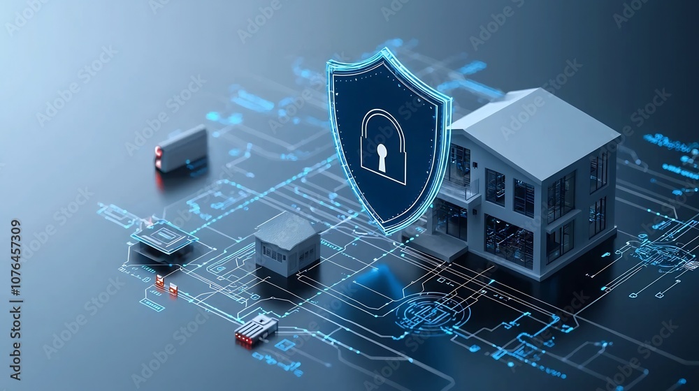 Fototapete of a bright shield and lock icon over a smart home representing the secure and connected technology that protects and automates household systems and devices