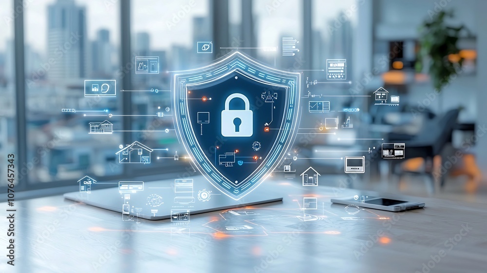 Aufkleber Secure Smart Home Technology with Shield and Lock Icon Depicting Digital Protection and Automation for Modern Homes