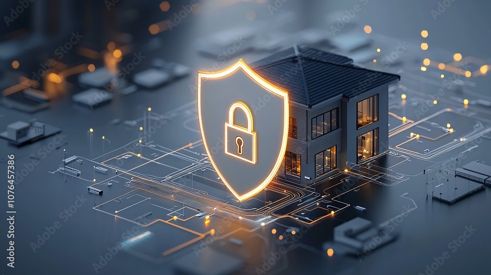 Aufkleber Bright shield and lock icon overlaid on a smart home image illustrating the concept of secure technology and protection for connected devices and home automation systems