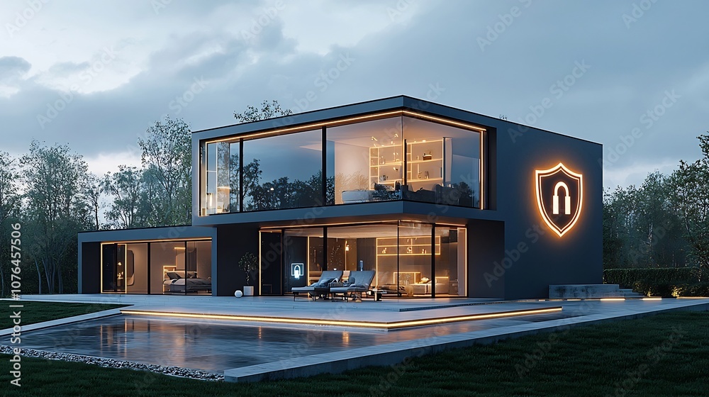Poster Secure and Reliable Modern Home Featuring Glowing Padlock and Shield Icons Highlighting Advanced Security and Protection Technology