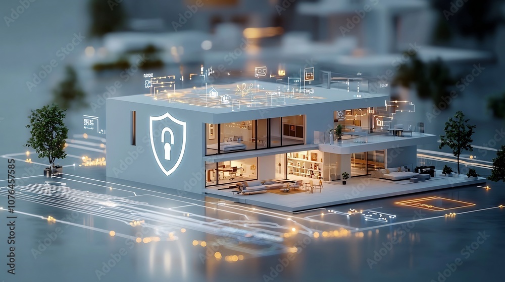 Poster Glowing lock and shield symbol over a stylish minimalist smart home design conveying the concept of a secure and protected digital environment for modern connected living  This abstract