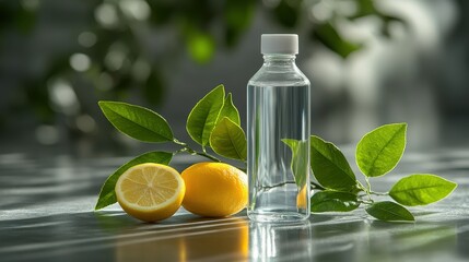 Simple image of a water bottle and a fresh lemon, clean background, focus on hydration and wellness