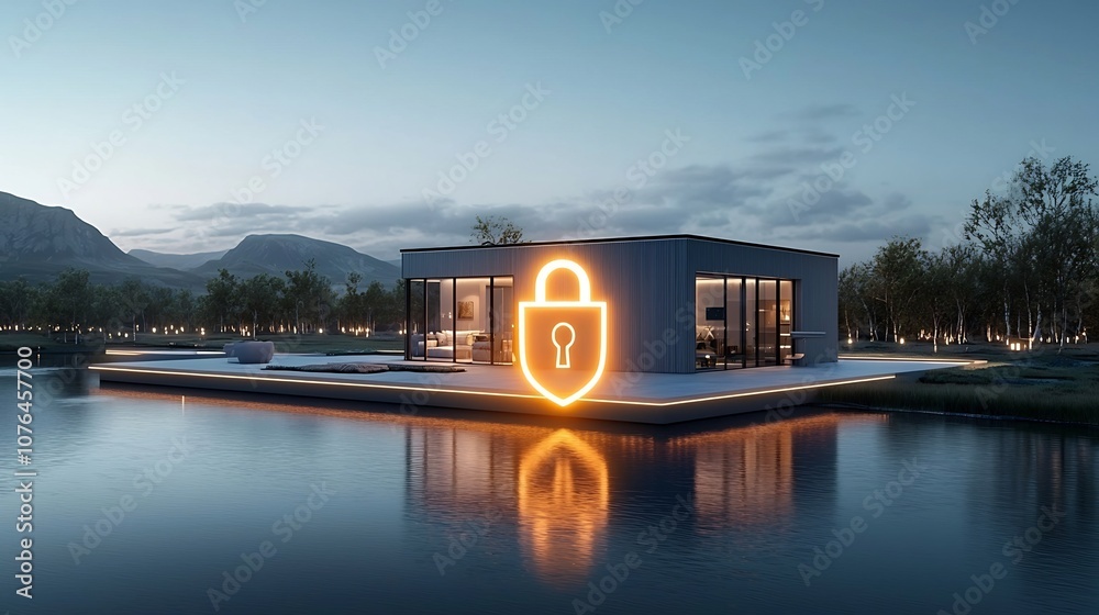 Poster Iconic glowing padlock and shield icon representing advanced and trusted protection for a secure smart home system