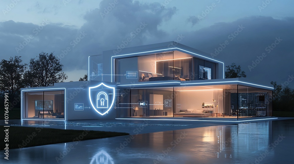 Leinwandbilder futuristic and modern home design with bright shield icon overlay symbolizing comprehensive digital 
