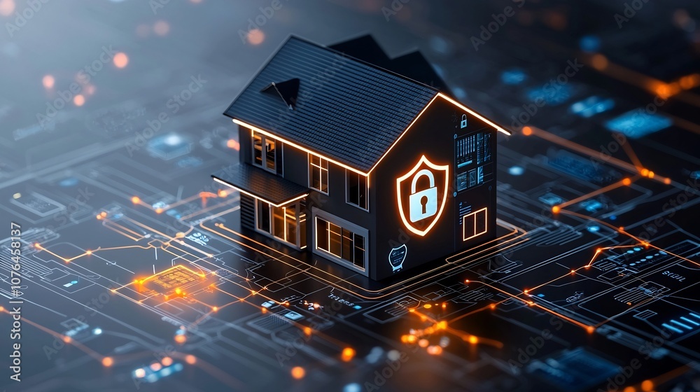 Aufkleber futuristic smart house with glowing padlock and shield icon representing advanced digital protection