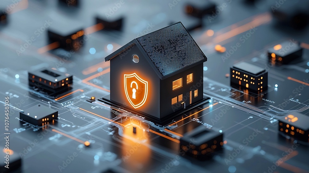 Poster Secure and Intelligent Smart Home with Glowing Digital Protection Icons Symbolizing Advanced Home Automation Internet of Things and Cutting Edge Technology