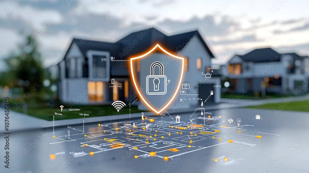 Poster Secure and Modern Residential Property with a Bright Shield and Lock Icon Overlay Demonstrating the Advanced Smart Home Security Features and Technological Innovations for Privacy and Protection