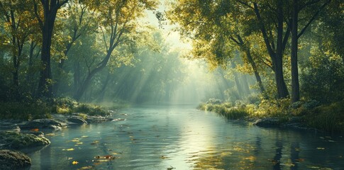 Obraz premium Sunbeams Filtering Through Trees Over a Stream in a Forest