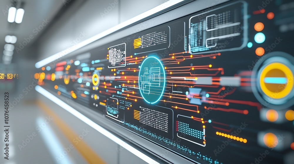 Poster Vibrant holographic interface displaying dynamic data exchange and intricate network connections with luminous light trails illustrating the flow of digital information and technological interaction