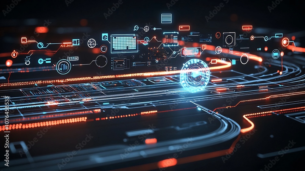 Poster Stunning holographic interface displaying a vibrant visualization of data exchange and interconnected network connections with glowing light trails illustrating the digital flow of information