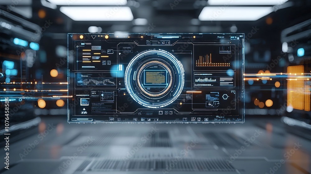 Poster Holographic interface displaying vibrant light trails that illustrate the dynamic flow of digital data exchange and network connections representing advanced technology communication