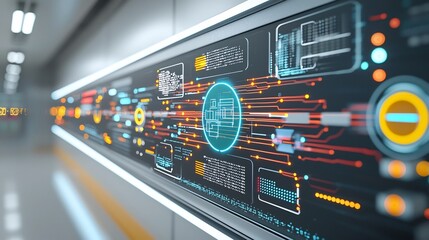 Fototapeta premium Vibrant holographic interface displaying dynamic data exchange and intricate network connections with luminous light trails illustrating the flow of digital information and technological interaction