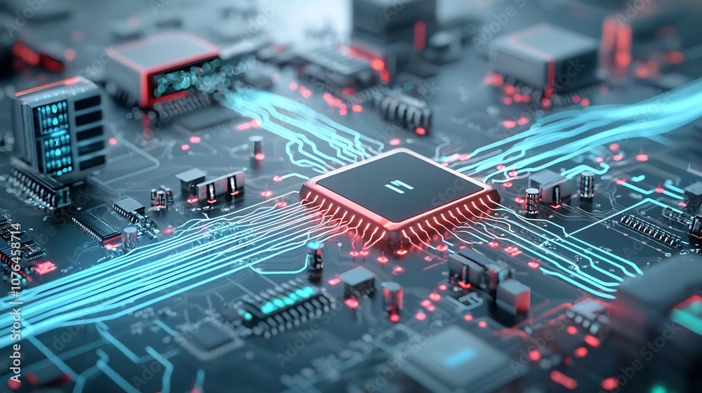 Poster Futuristic digital network with flowing light lines seamlessly connecting data nodes in mid air representing the concept of seamless digital connectivity and the future of advanced intelligent