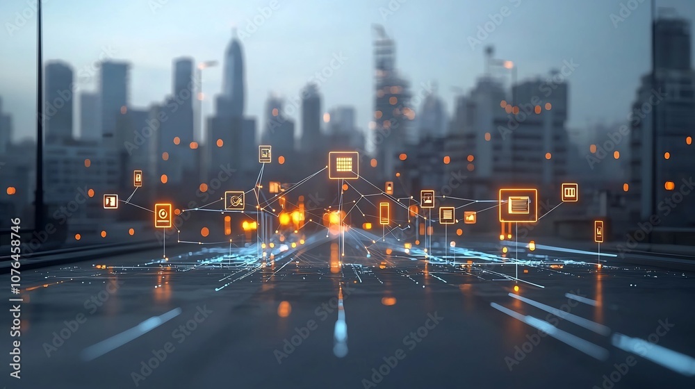 Poster A stunning futuristic digital network visualization featuring a dynamic arrangement of glowing data nodes connected by flowing light lines