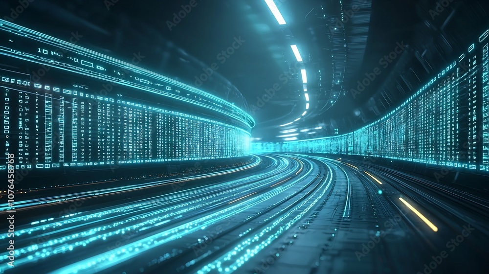 Poster Glowing blue and green light trails representing digital data links and connections in a dynamic futuristic and abstract space  Technology visualization and network concept