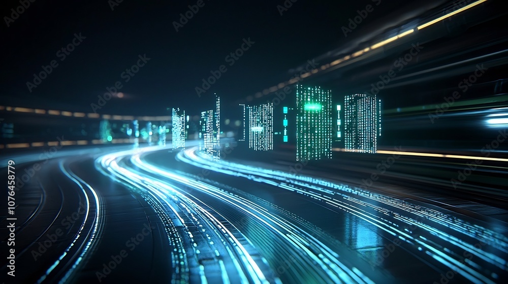 Aufkleber Abstract digital data visualization with dynamic glowing blue and green light trails in a futuristic cyberpunk inspired space backdrop  Representing the interconnected
