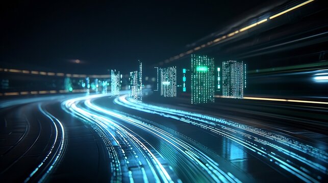 Abstract digital data visualization with dynamic glowing blue and green light trails in a futuristic cyberpunk inspired space backdrop  Representing the interconnected - Powered by Adobe
