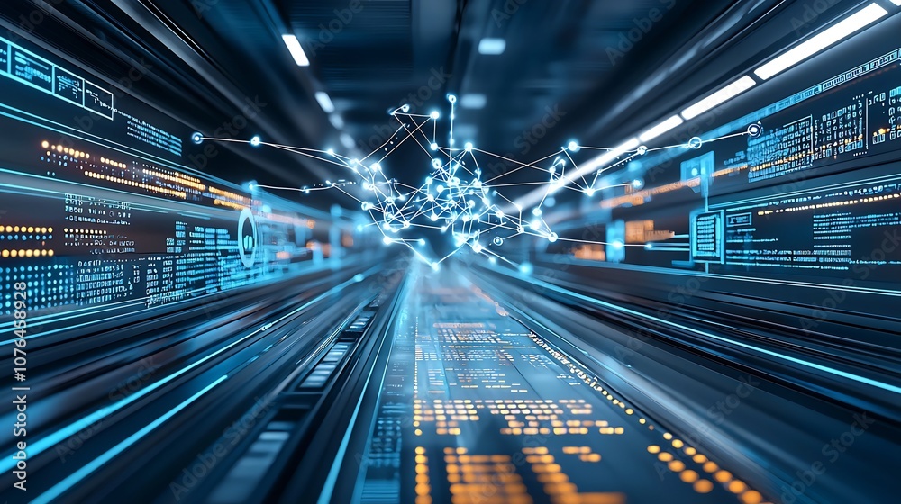 Poster Holographic data flows and light lines connecting devices in mid air symbolizing the advanced digital connectivity and technological innovations powering the future of communication information