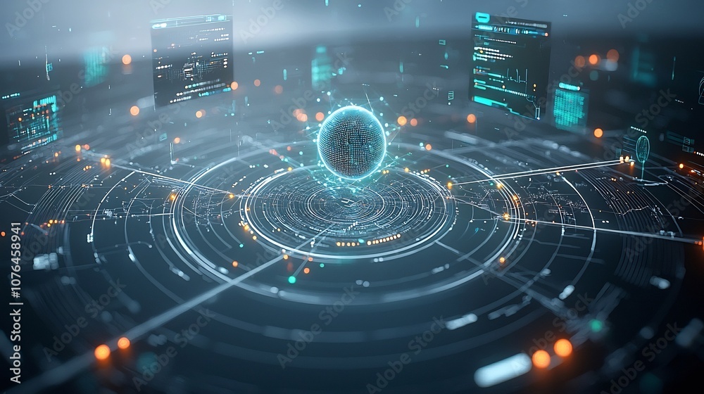Fototapete Floating holograms and flowing light lines creating a captivating visualization of seamless global digital connectivity illustrating the movement of data across networks and futuristic technology