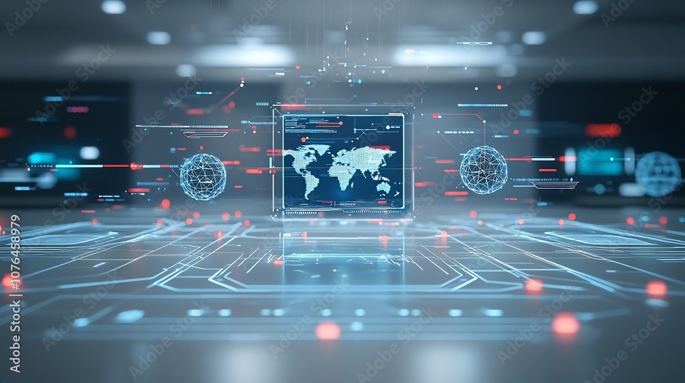 Poster Seamless global digital connectivity visualized in a striking composition of floating holograms and flowing light lines illustrating the movement of data across vast digital networks in a futuristic