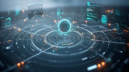 Floating holograms and flowing light lines creating a captivating visualization of seamless global digital connectivity illustrating the movement of data across networks and futuristic technology