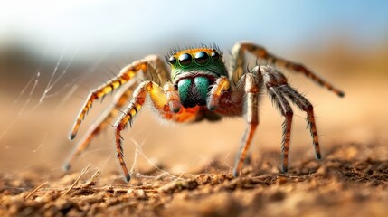 A striking macro shot of a colorful jumping spider with a vibrant green abdomen on a brown surface, showcasing its impressive detail and vivid coloration against the light.