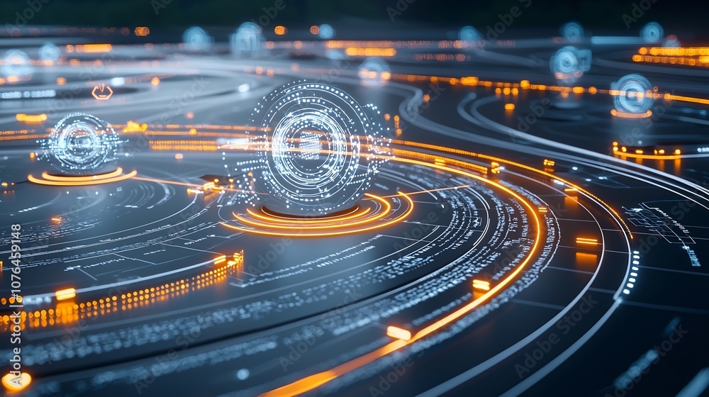 Poster Futuristic abstract digital network with interconnected glowing holograms and dynamic light trails symbolizing advanced connectivity communication and data flow in a modern technological landscape