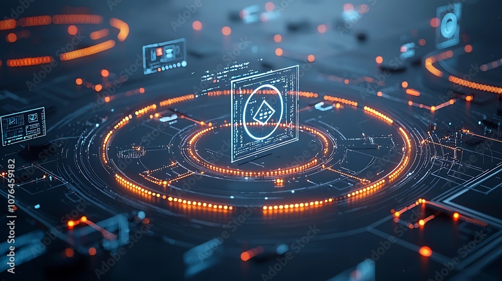 Poster Abstract digital network in mid air with glowing holograms and interconnected light trails symbolizing advanced connectivity and futuristic technological advancements