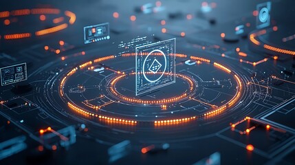 Abstract digital network in mid air with glowing holograms and interconnected light trails symbolizing advanced connectivity and futuristic technological advancements