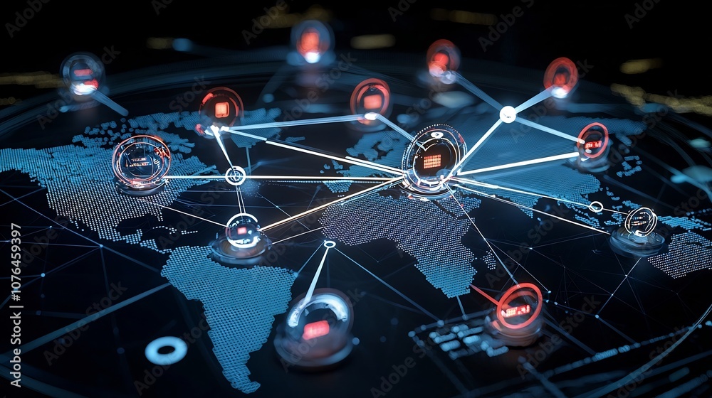 Poster Futuristic digital network with glowing data hubs and connecting light beams in an abstract futuristic space representing global connectivity and data flow  The image depicts a high tech