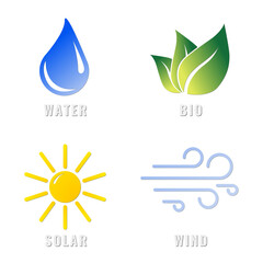 Renewable energy sources - icons for renewable energy or ecology on transparent background - 3D Illustration