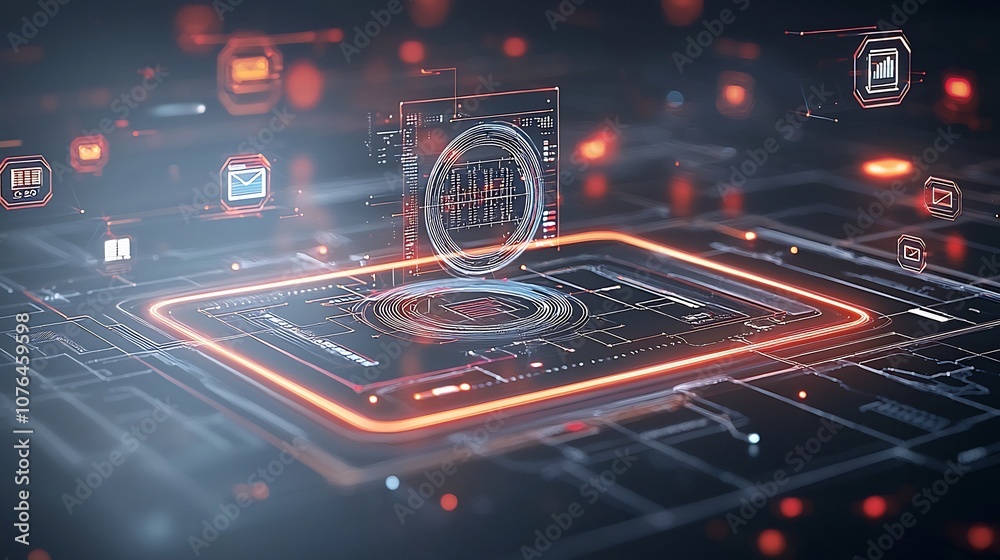 Poster Advanced digital network with glowing light trails and floating holograms symbolizing real time data connections and technological innovation