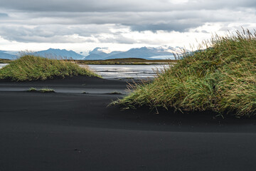 Icelandic Seascape. Wonderful Evening landscape of Vestrahorn Iceland at Stokksnes on the southeastern Icelandic coast. Iceland, Europe. Amazing nature Scenery. Popular Travel destinations