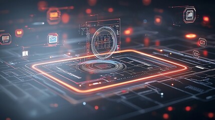 Advanced digital network with glowing light trails and floating holograms symbolizing real time data connections and technological innovation