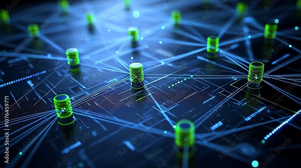 Aufkleber Abstract digital connectivity background with blue and green glowing lines linking data points creating a futuristic network effect