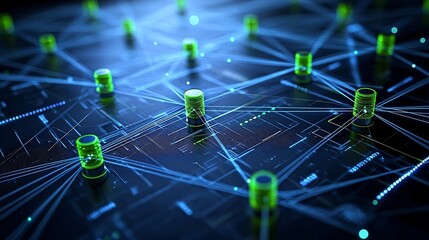 Abstract digital connectivity background with blue and green glowing lines linking data points creating a futuristic network effect