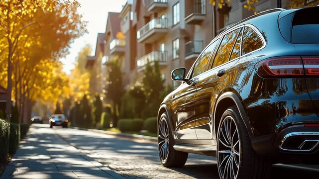 Luxury black SUV driving on urban street with autumn trees and sunlight, upscale lifestyle and transportation concept for city living and seasonal travel