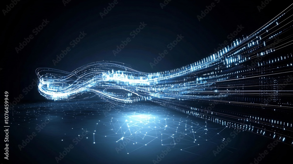 Poster Flowing digital light trails forming a seamless interconnected network of luminous lines and patterns on a dark background representing the smooth and dynamic connectivity of modern technology