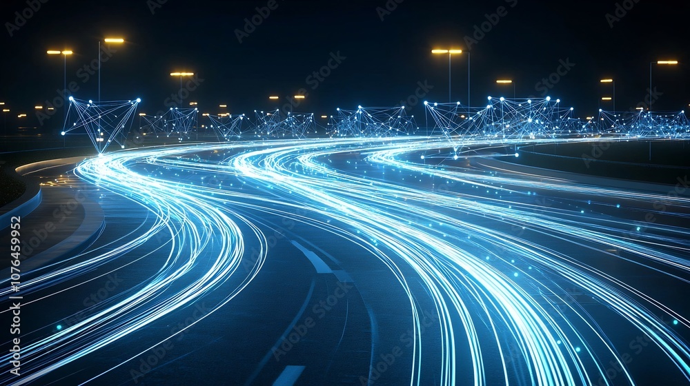 Fototapete Flowing digital light trails forming a seamless interconnected pattern of elegant luminous lines on a dark futuristic background representing smooth and dynamic digital connectivity and technology