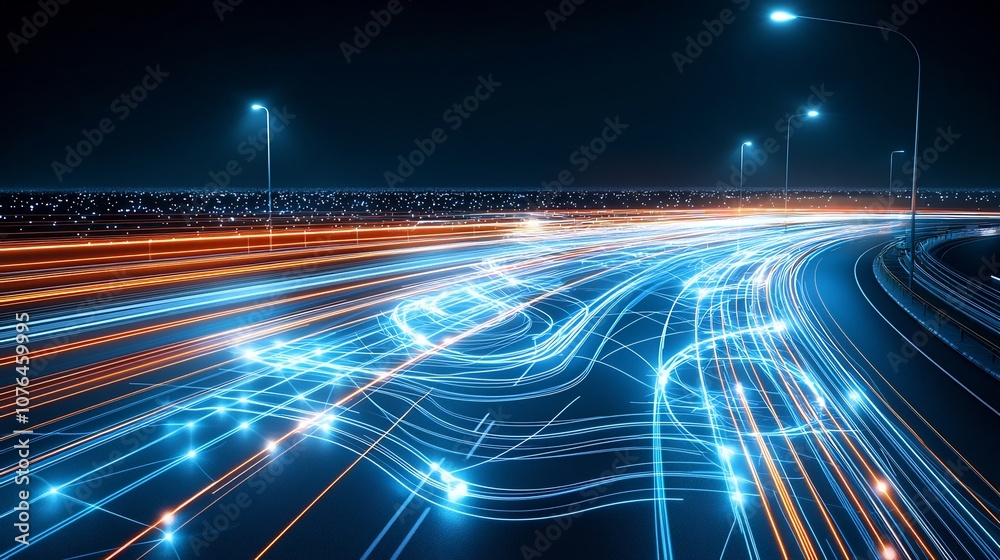 Poster Seamlessly Interconnected Digital Flows of Glowing Light Trails on a Futuristic Dark Background Representing Smooth and Dynamic Digital Connectivity