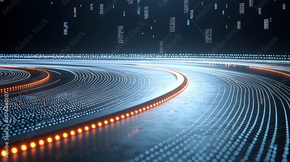 Poster Digital connectivity and data visualization concept with dynamic light trails and floating data points illustrating the flow of information and technology in a modern futuristic background