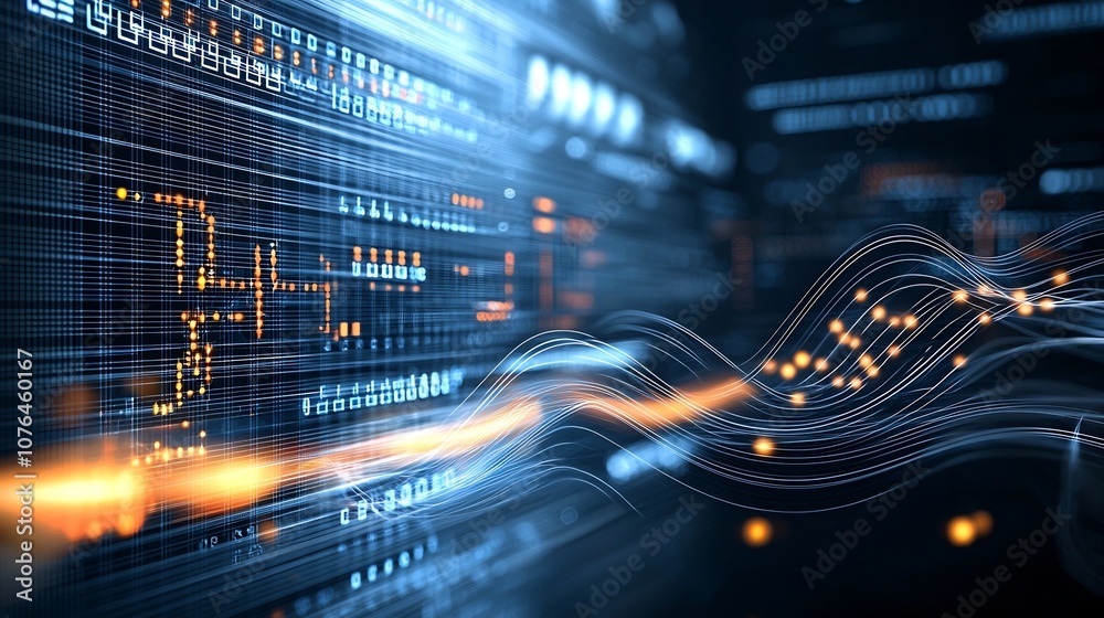 Fototapete Background of dynamic light trails and flowing data points illustrating the concept of digital connectivity with smooth lines and luminous elements creating a futuristic