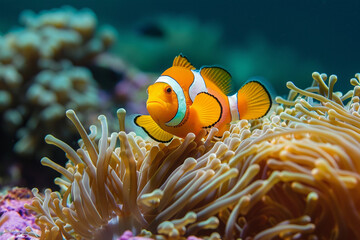 Fantastically beautiful bright clownfish swims in deep sea among corals
