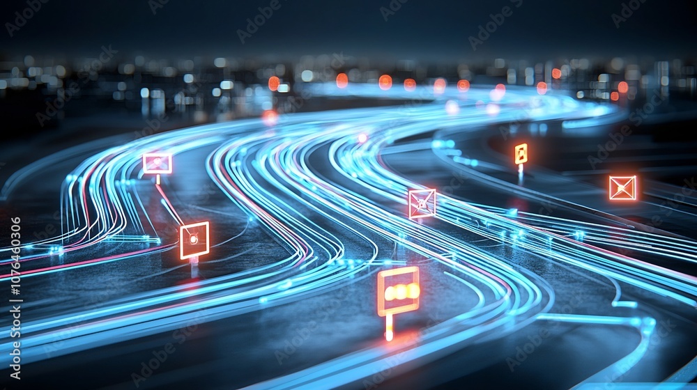 Aufkleber Interconnected digital information flow symbolized by a background image with glowing nodes and luminous light trails representing seamless connectivity and data exchange in a futuristic