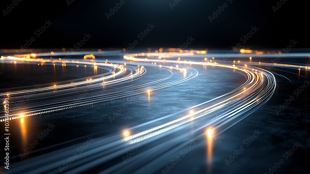 Poster Fluid and dynamic digital network with lines of light connecting nodes across a dark futuristic background