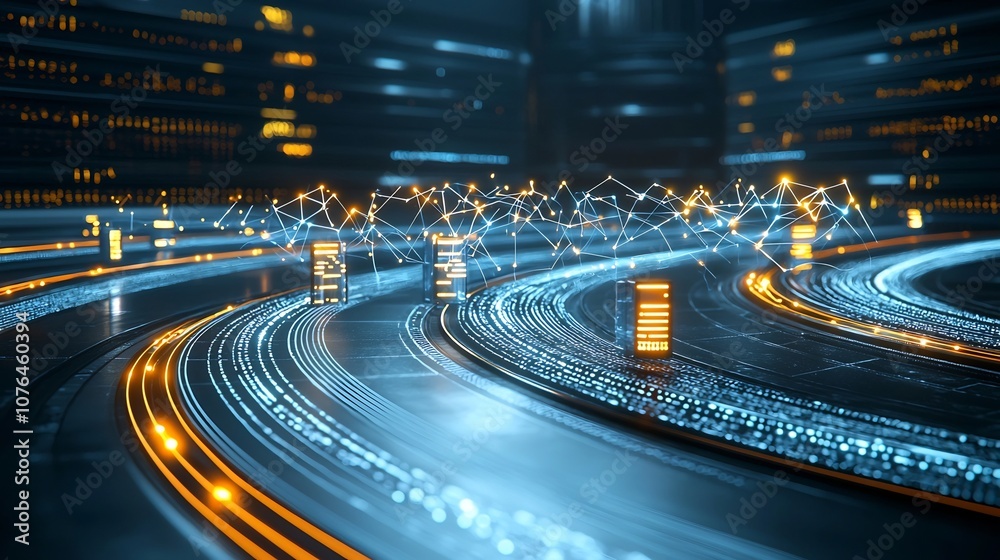 Poster Interconnected digital information flow with glowing nodes and light trails symbolizing seamless connectivity and the dynamic exchange of data in the modern digital landscape