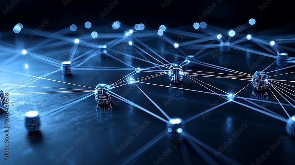 Poster Flowing Digital Network of Illuminated Nodes and Connections Depicting Modern Technology and Connectivity